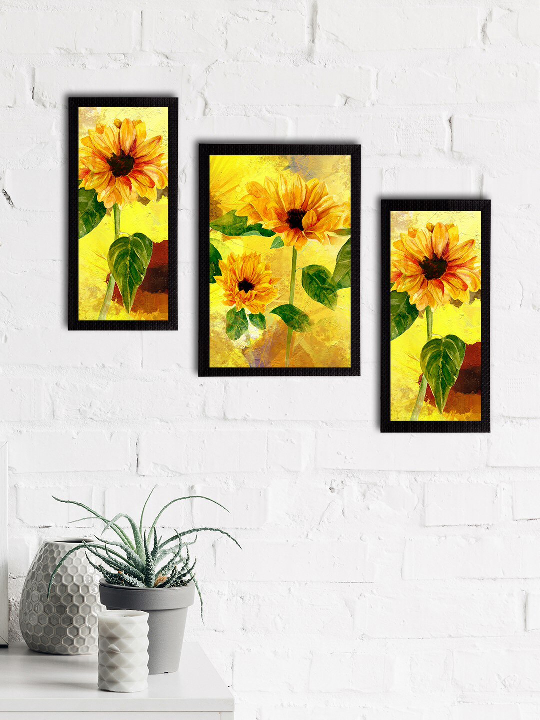 eCraftIndia 3 Piece Floral Printed Rectangle Paintings Wall Art-14 x 30 x 0.5In