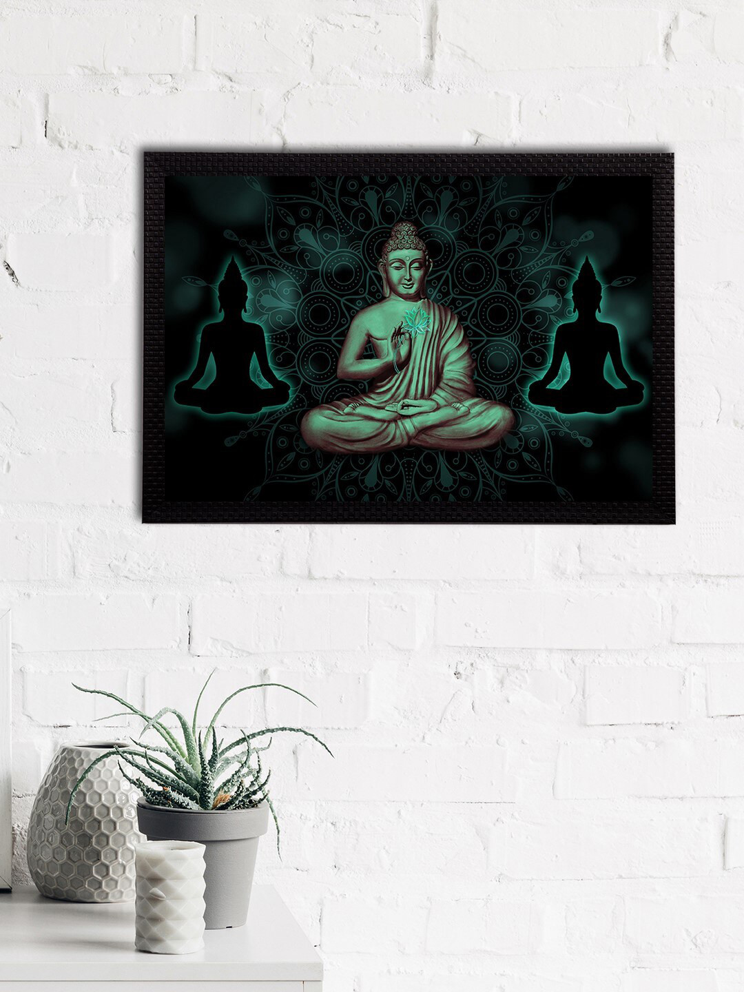 eCraftIndia Black & Green Meditating Lord Buddha Satin Matt Textured UV Wall Painting