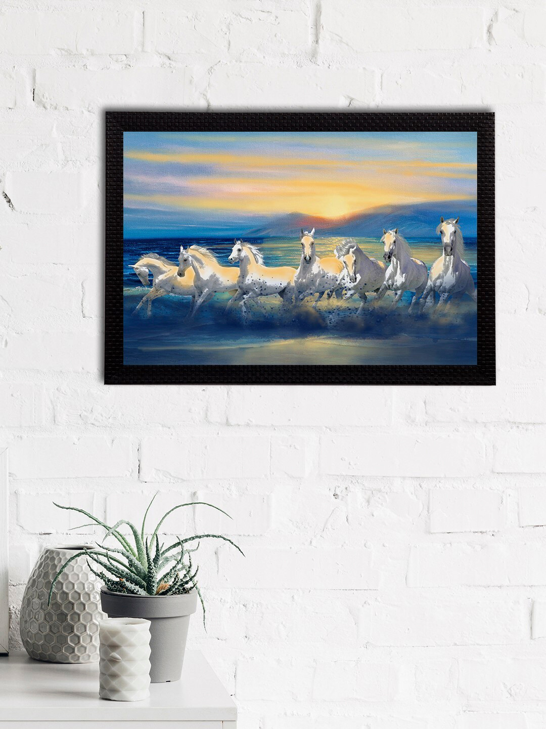 eCraftIndia Blue & Yellow 7 Lucky Running Horse Satin Matt Texture UV Wall Art