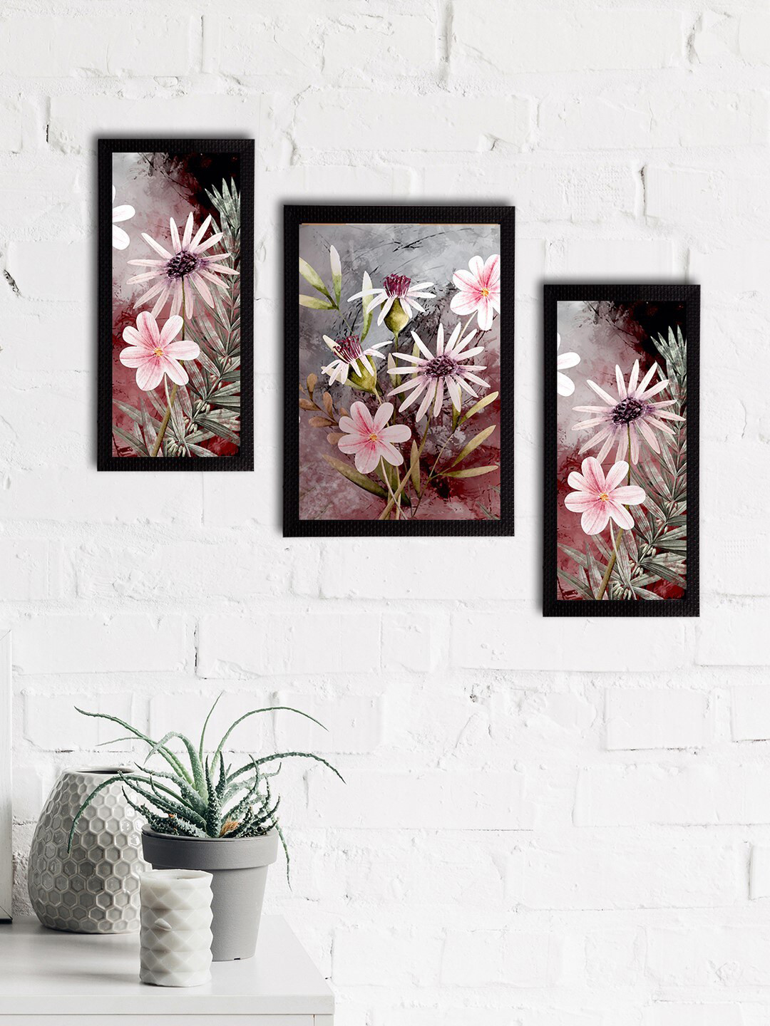 eCraftIndia Set of 3 Multicoloured Satin Matt Texture Floral UV Wall Art
