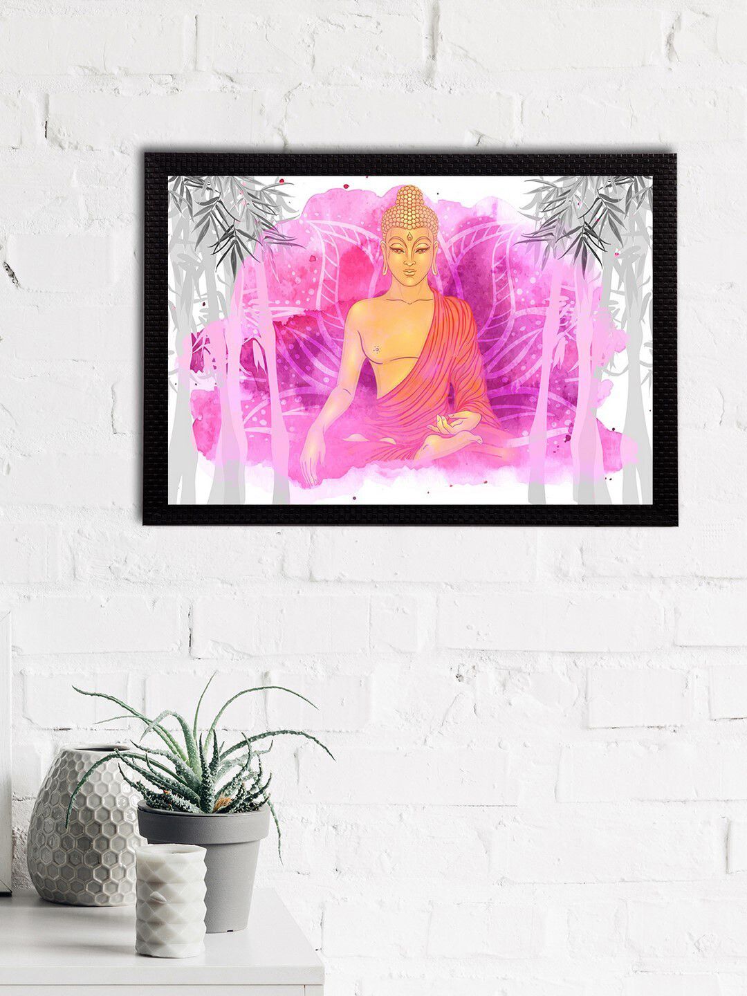 eCraftIndia Pink &White Meditating Lord Buddha Satin Matt Texture UV Wall Art