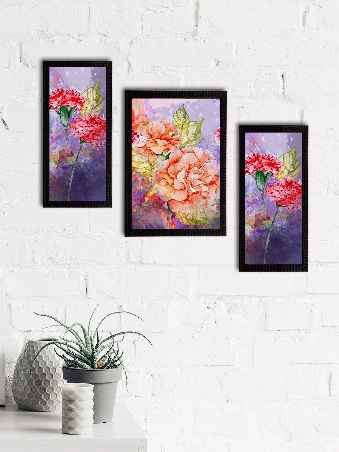 eCraftIndia Set of 3 Blue & Orange Botanical and Floral Satin Matt Textured UV Art Paintings