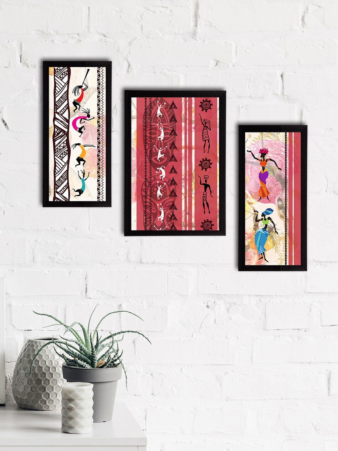 eCraftIndia Set Of 3 Red & Black Tribal Theme Satin Matt Texture UV Wall Art