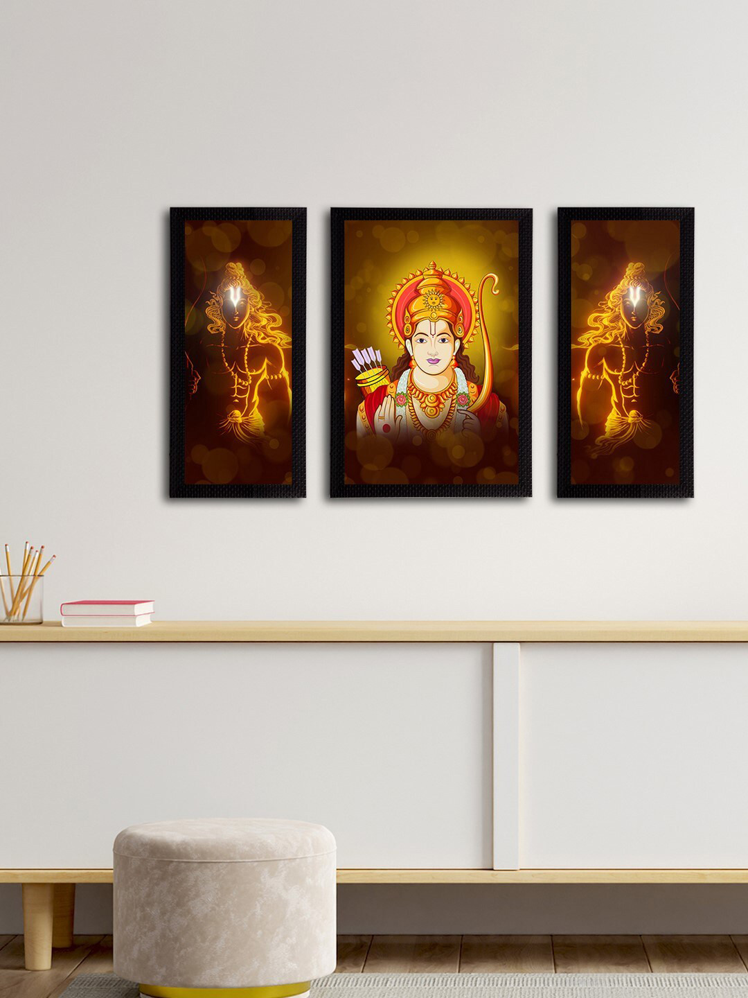 eCraftIndia Set of 3 Green & Gold-Toned Lord Ram Satin Matt Textured UV Wall Paintings