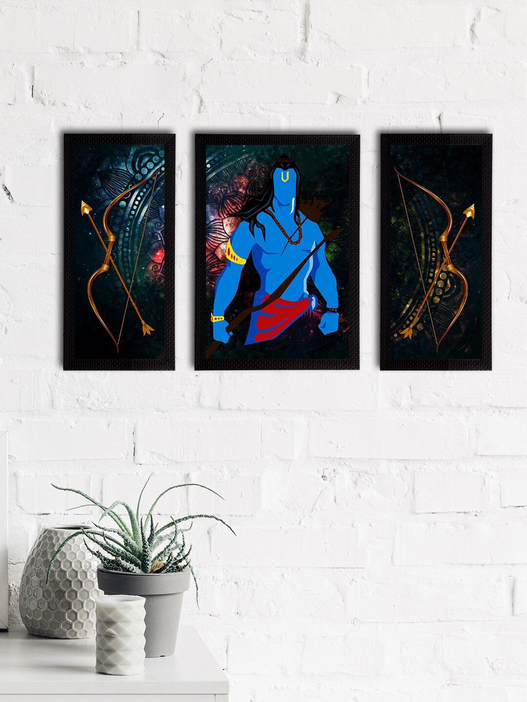 eCraftIndia Set of 3 Blue & Green Lord Ram Satin Matt Textured UV Art Paintings
