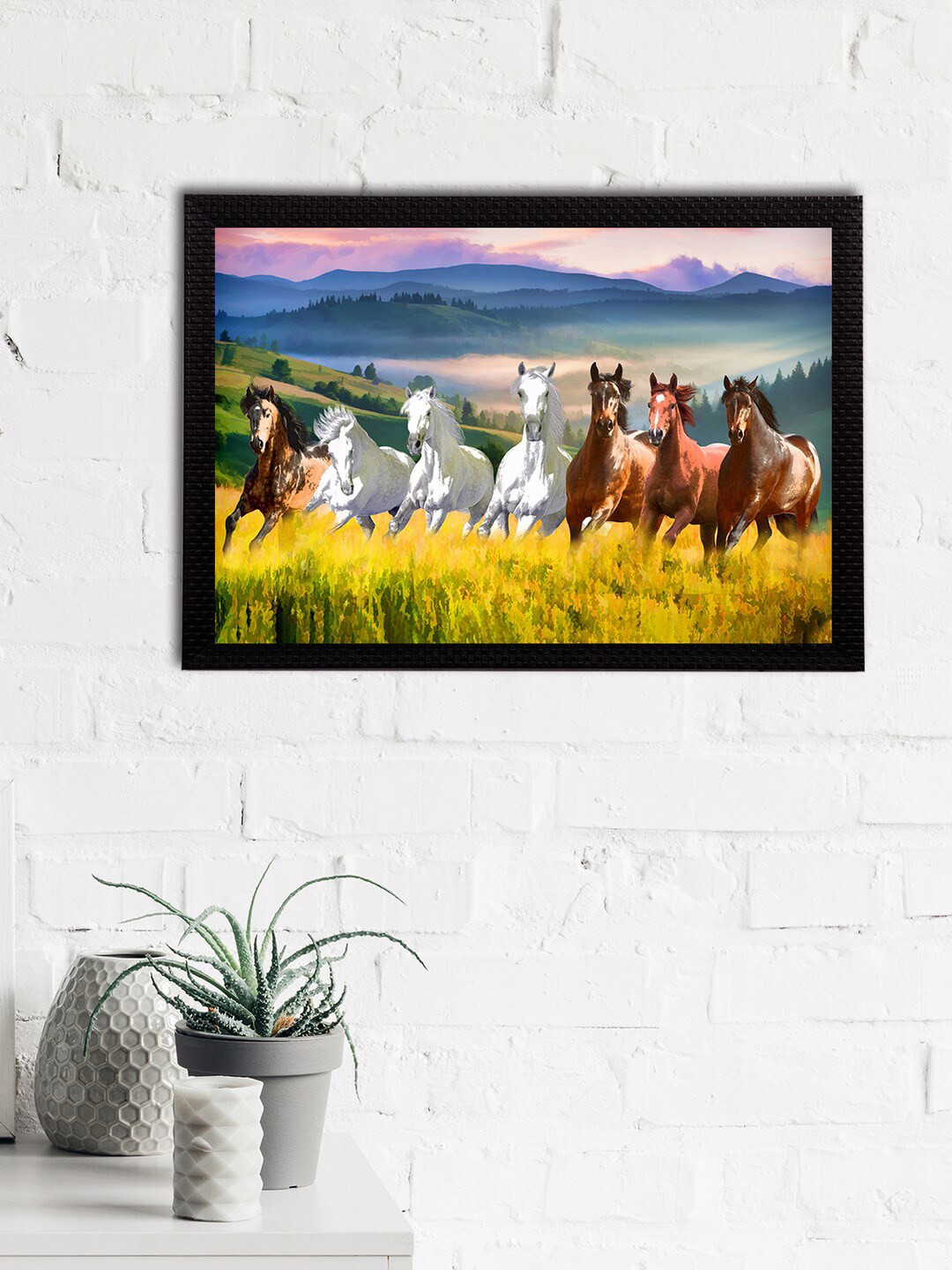eCraftIndia Blue & Brown 7 Lucky Running Horses Satin Matt Textured UV Art Painting