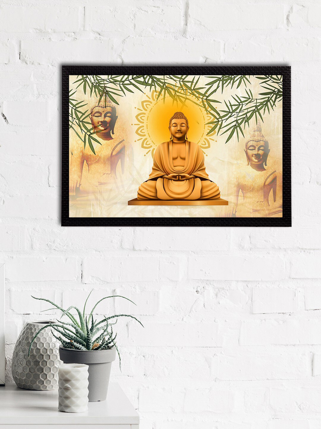 eCraftIndia Gold-Toned & Yellow Meditating Lord Buddha Satin Matt Textured UV Wall Art
