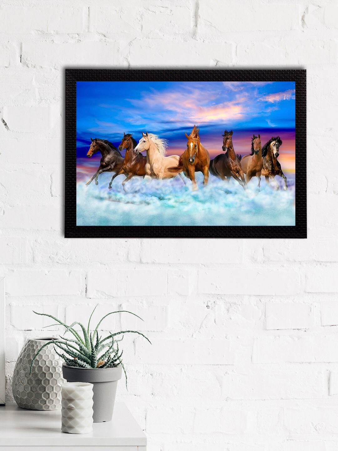eCraftIndia Blue & Brown 7 Lucky Running Horses Satin Matt Texture Framed UV Wall Art