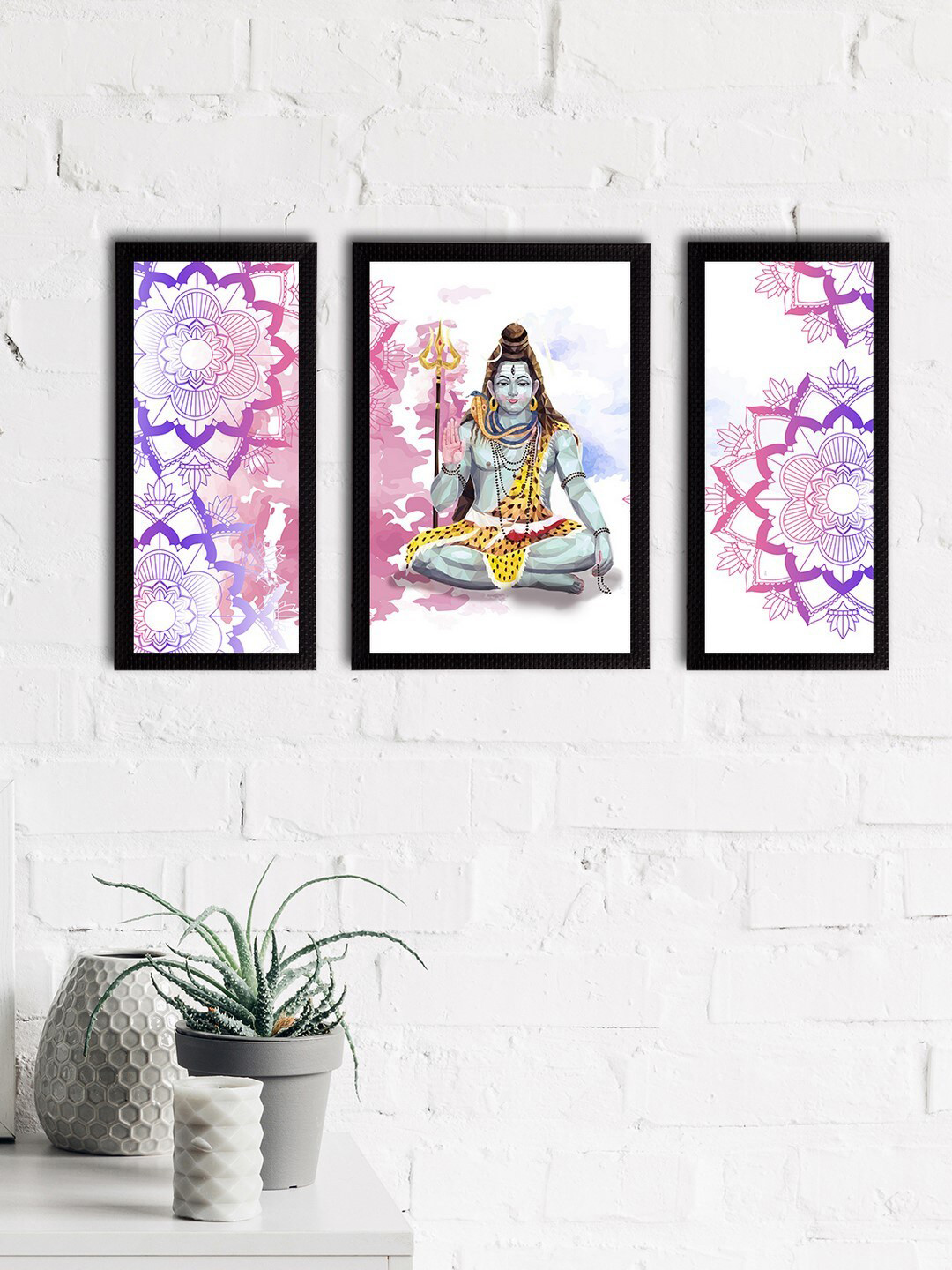 eCraftIndia Set of 3 White & Blue Lord Shiva Satin Matt Textured UV Wall Paintings