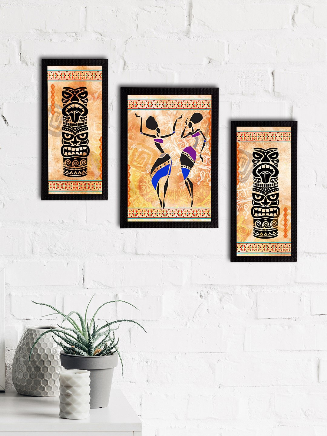 eCraftIndia Brown 3 Pcs Wall Living Room Rectangle Paintings Wall Art -13.78 x 29.92In