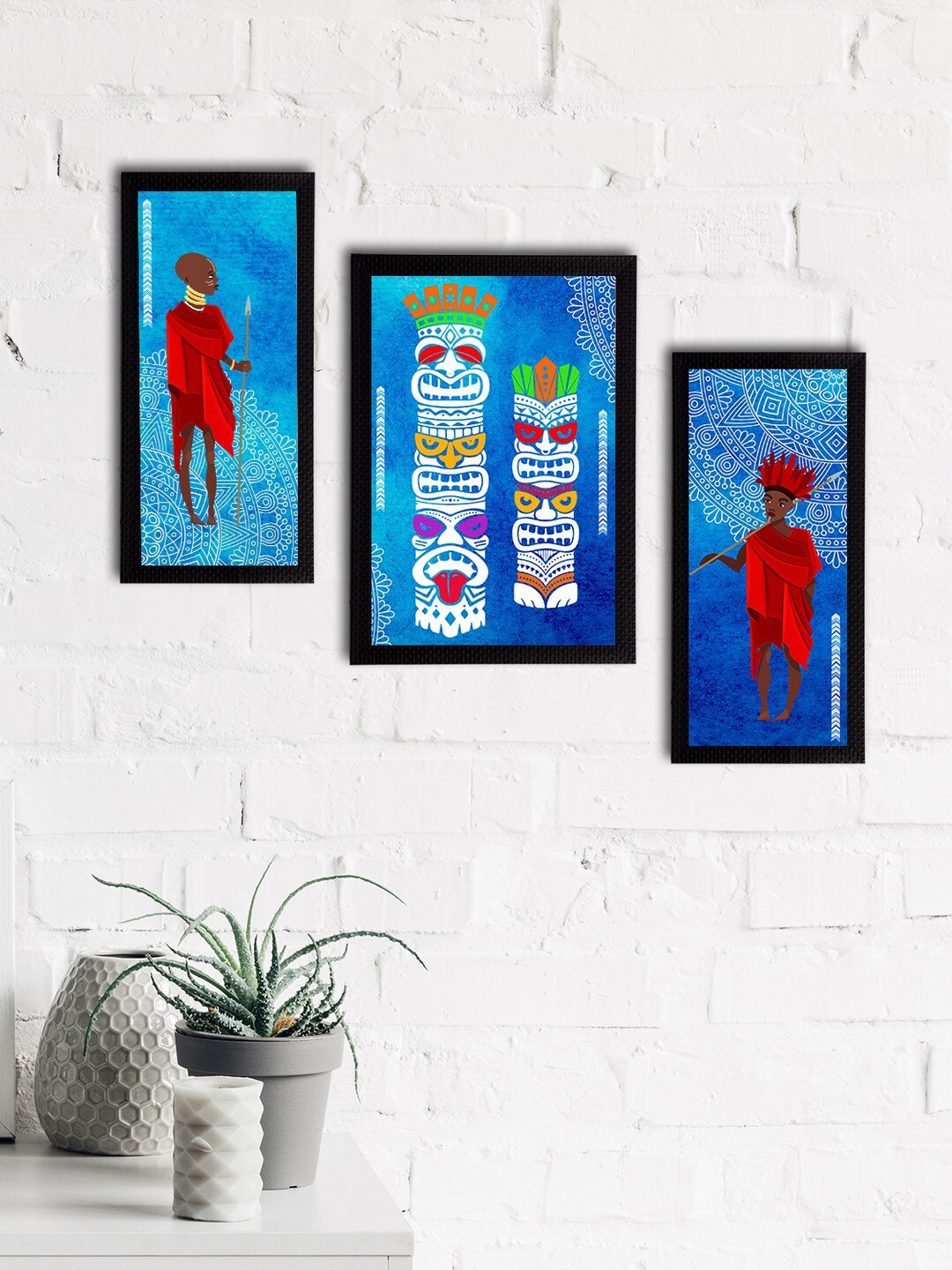 eCraftIndia Blue 3 Pcs Wall Home Office Rectangle Potrait Paintings Wall Art -13 x 30In