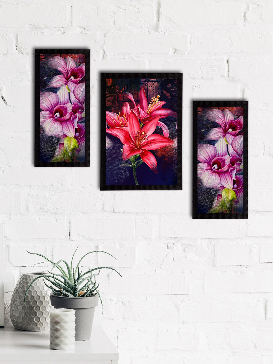 eCraftIndia Set Of 3 Purple & Pink Botanical and Floral Satin Matt Textured UV Art Painting
