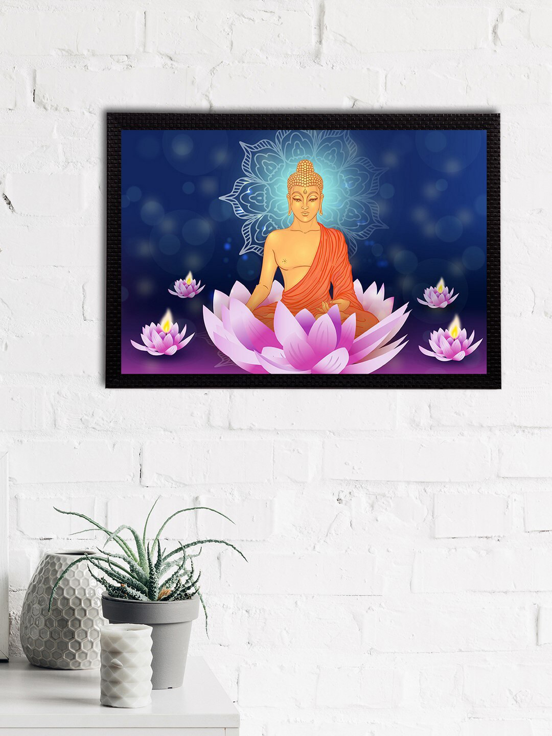 eCraftIndia Blue & Orange Meditating Lord Buddha Satin Matt Textured UV Wall Painting