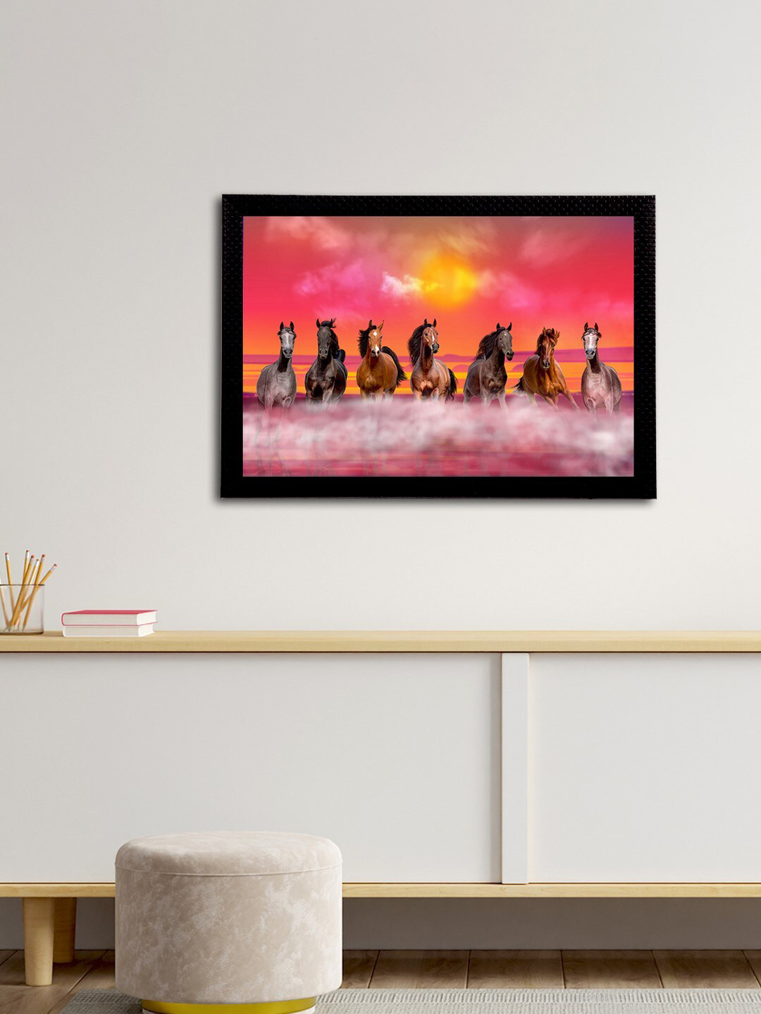 eCraftIndia Pink & Brown 7 Lucky Running Horses Satin Matt Textured UV Wall Painting