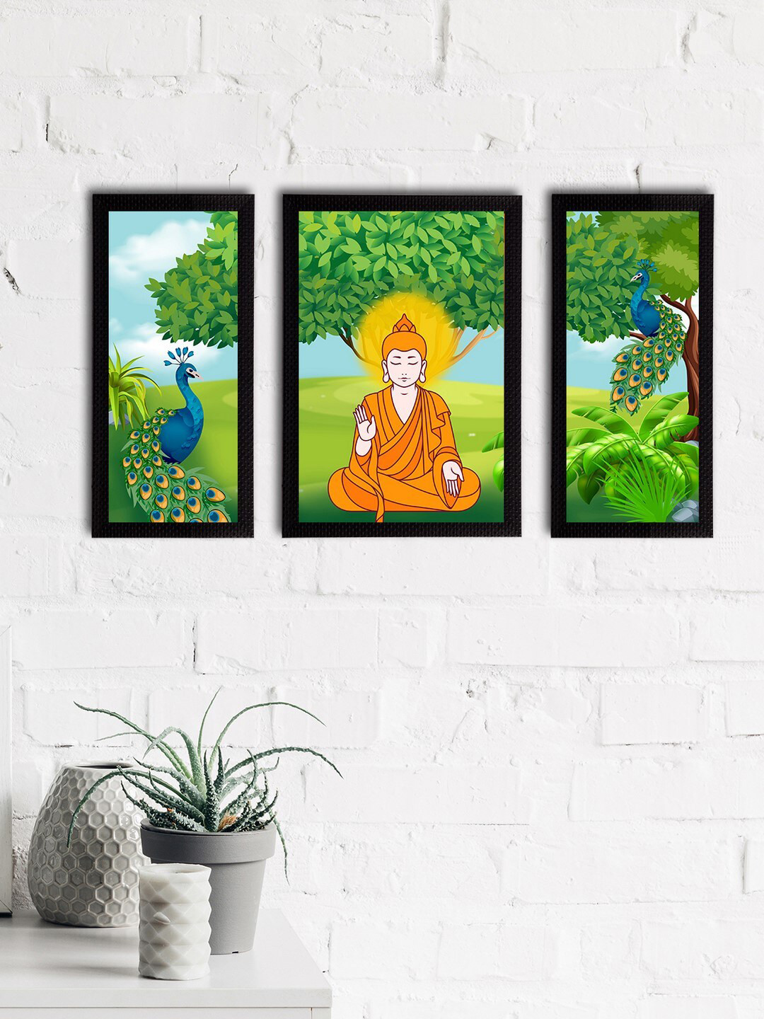 eCraftIndia Set of 3 Green & Orange Meditating Lord Buddha Satin Matt Textured UV Wall Paintings
