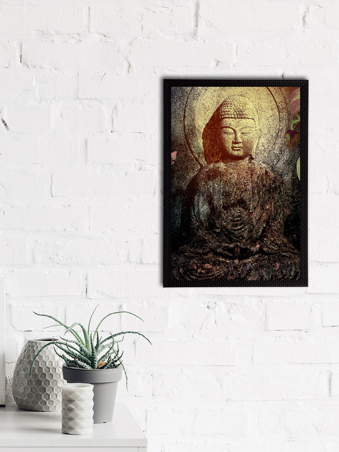 eCraftIndia Beige & Black Meditating Lord Buddha Satin Matt Texture UV Art Painting