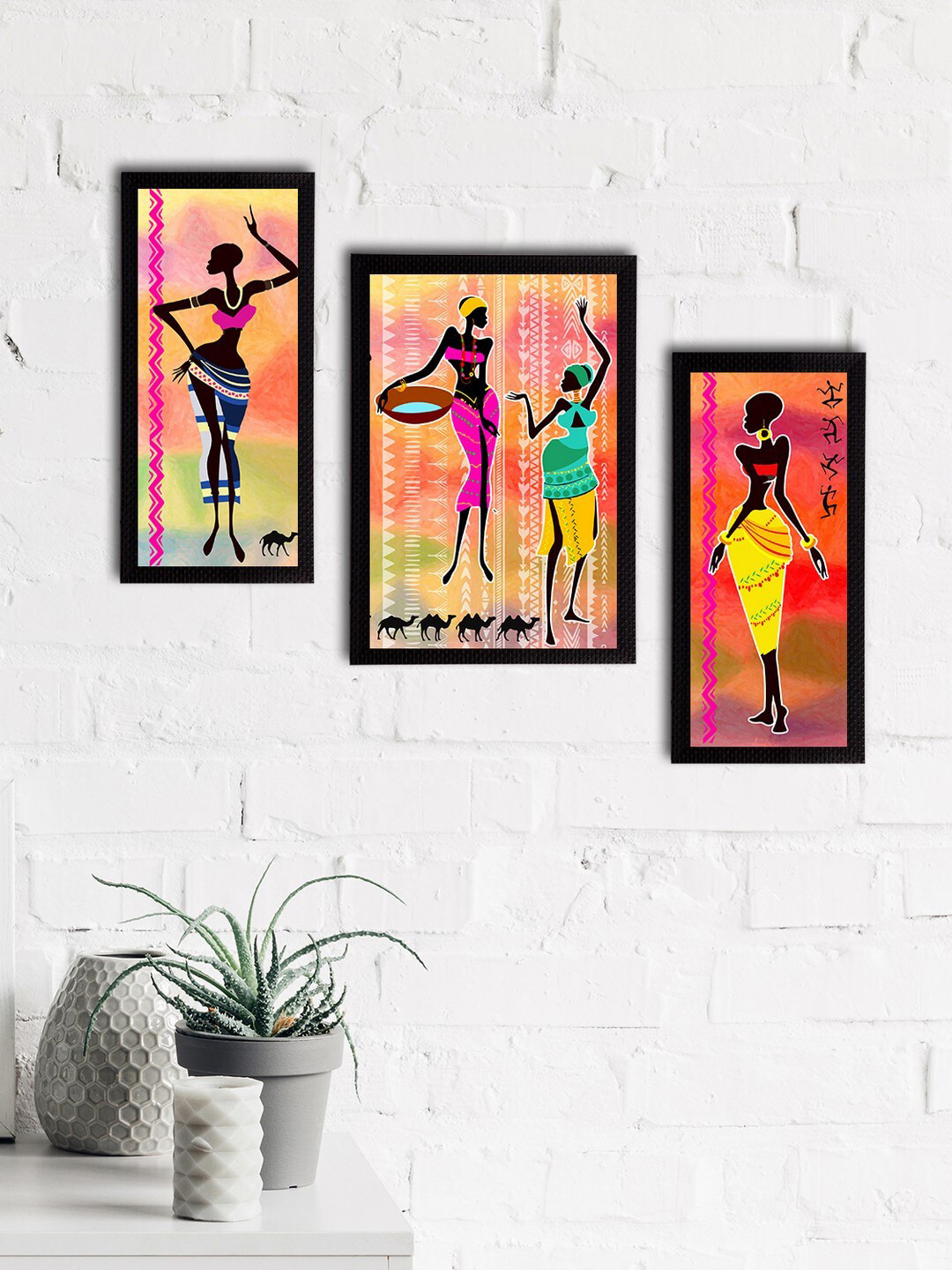 eCraftIndia Multi 3 Pcs Wall Home Office Rectangle Potrait Paintings Wall Art -13 x 30In