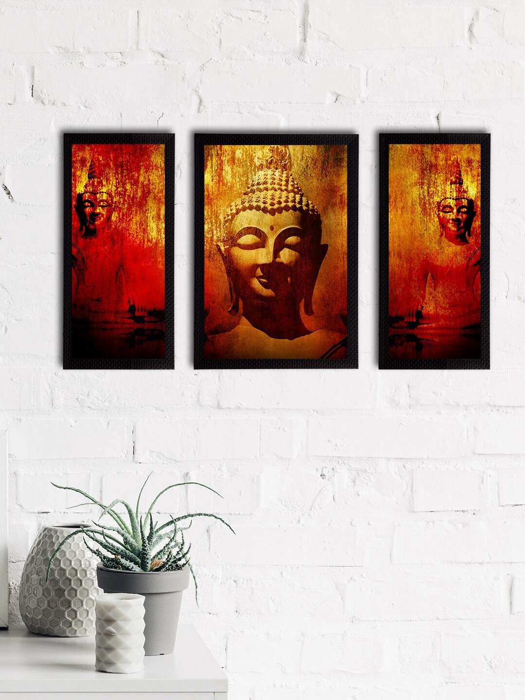 eCraftIndia Set Of 3 Orange & Red Meditating Lord Buddha Satin Matt Textured UV Art Painting