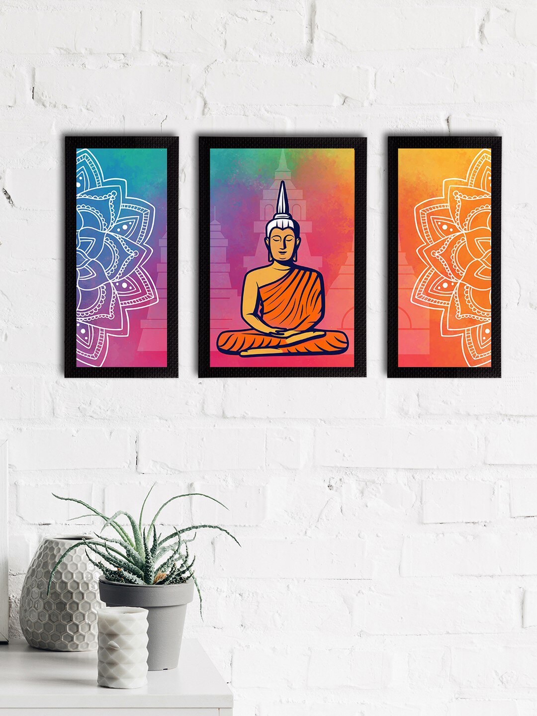 eCraftIndia Set of 3 Orange & Purple Meditating Lord Buddha Satin Matt Textured UV Wall Paintings
