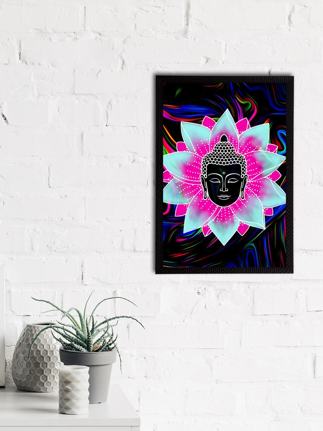 eCraftIndia Black & Pink Meditating Lord Buddha Satin Matt Textured UV Wall Painting