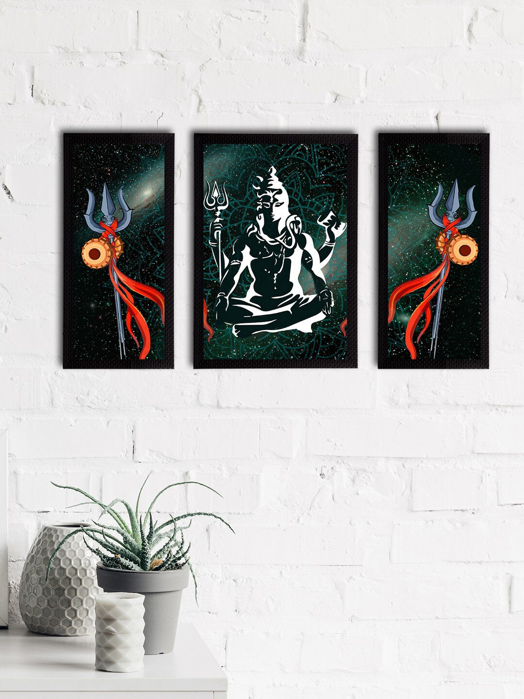 eCraftIndia Lord Shiva Paper 3 Piece Wall Rectangle Paintings Wall Art -14 x 10In