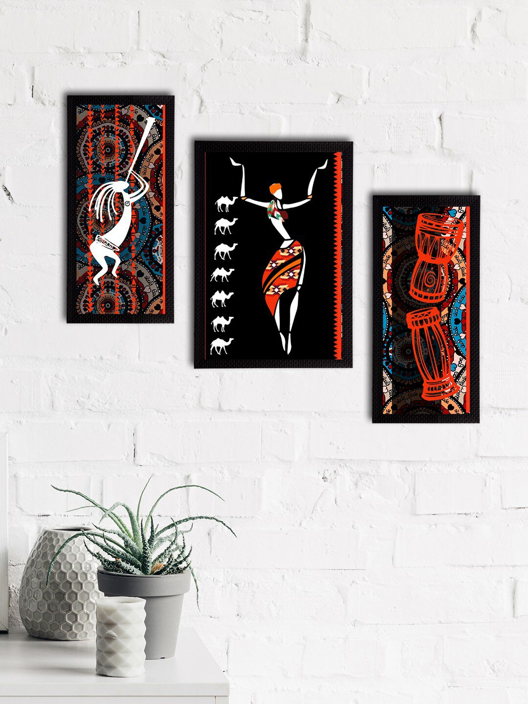 eCraftIndia Set of 3 Multioloured Tribal Theme Satin Matt Texture UV Wall Arts