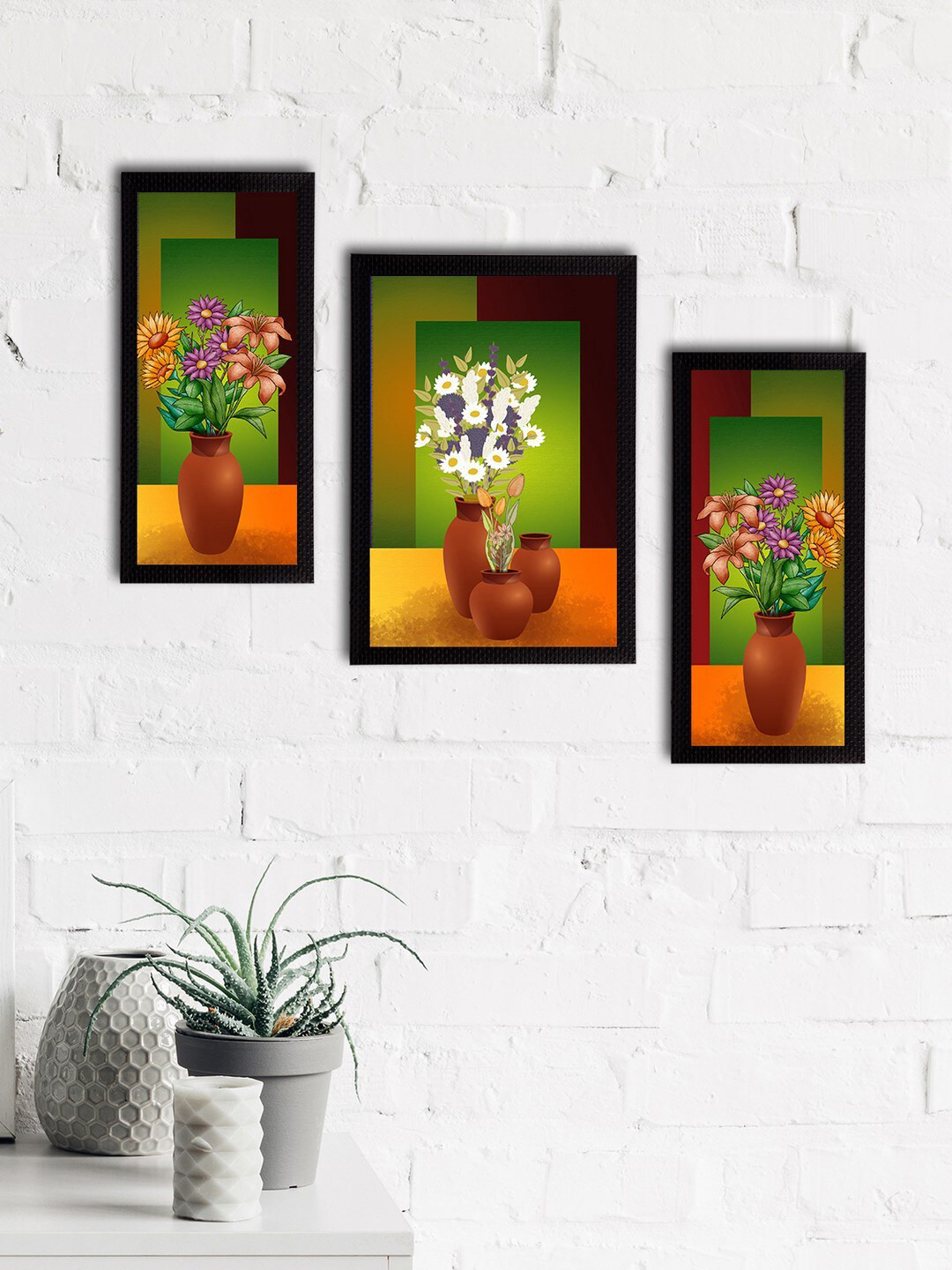 eCraftIndia Set of 3 Green & Brown Botanical & Floral Satin Matt Textured UV Wall Paintings