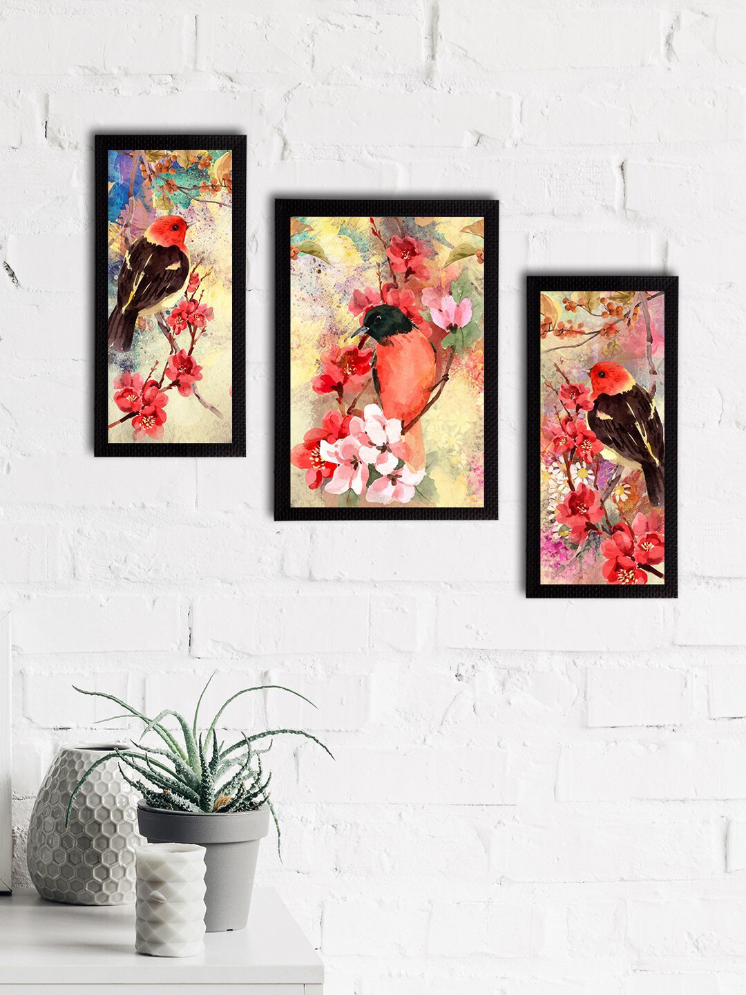 eCraftIndia Set of 3 Yellow & Red Botanical and Floral Satin Matt Textured UV Art Paintings
