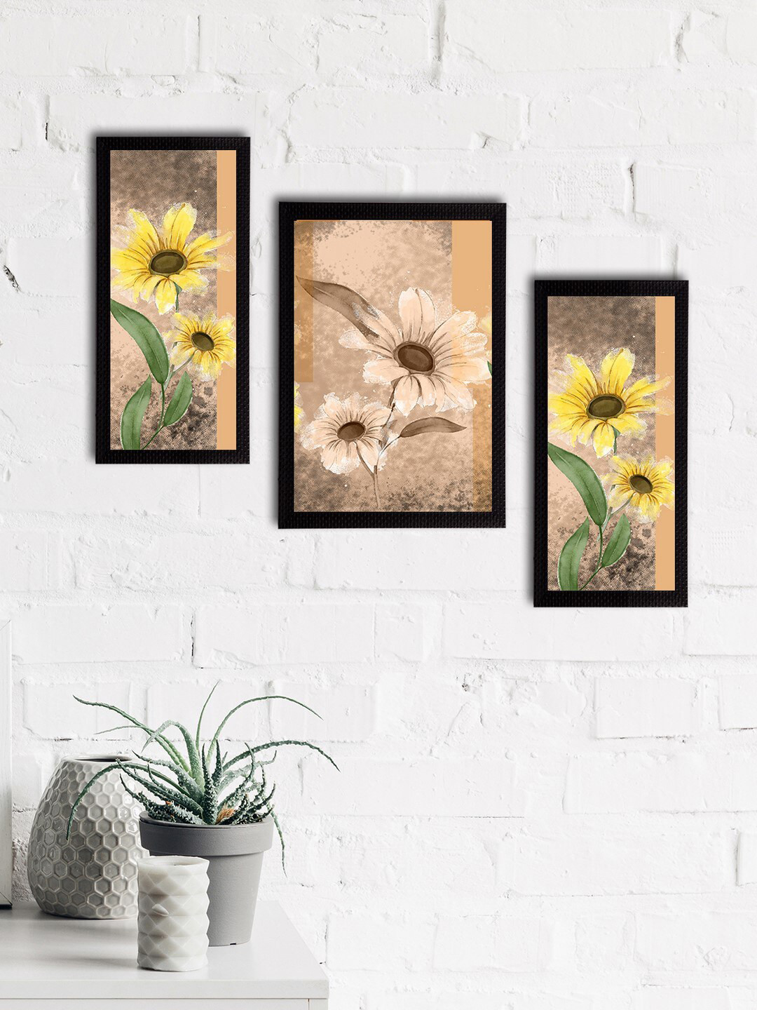 eCraftIndia eCraftIndia Set of 3 Yellow & Beige Botanical and Floral Satin Matt Textured UV Art Paintings