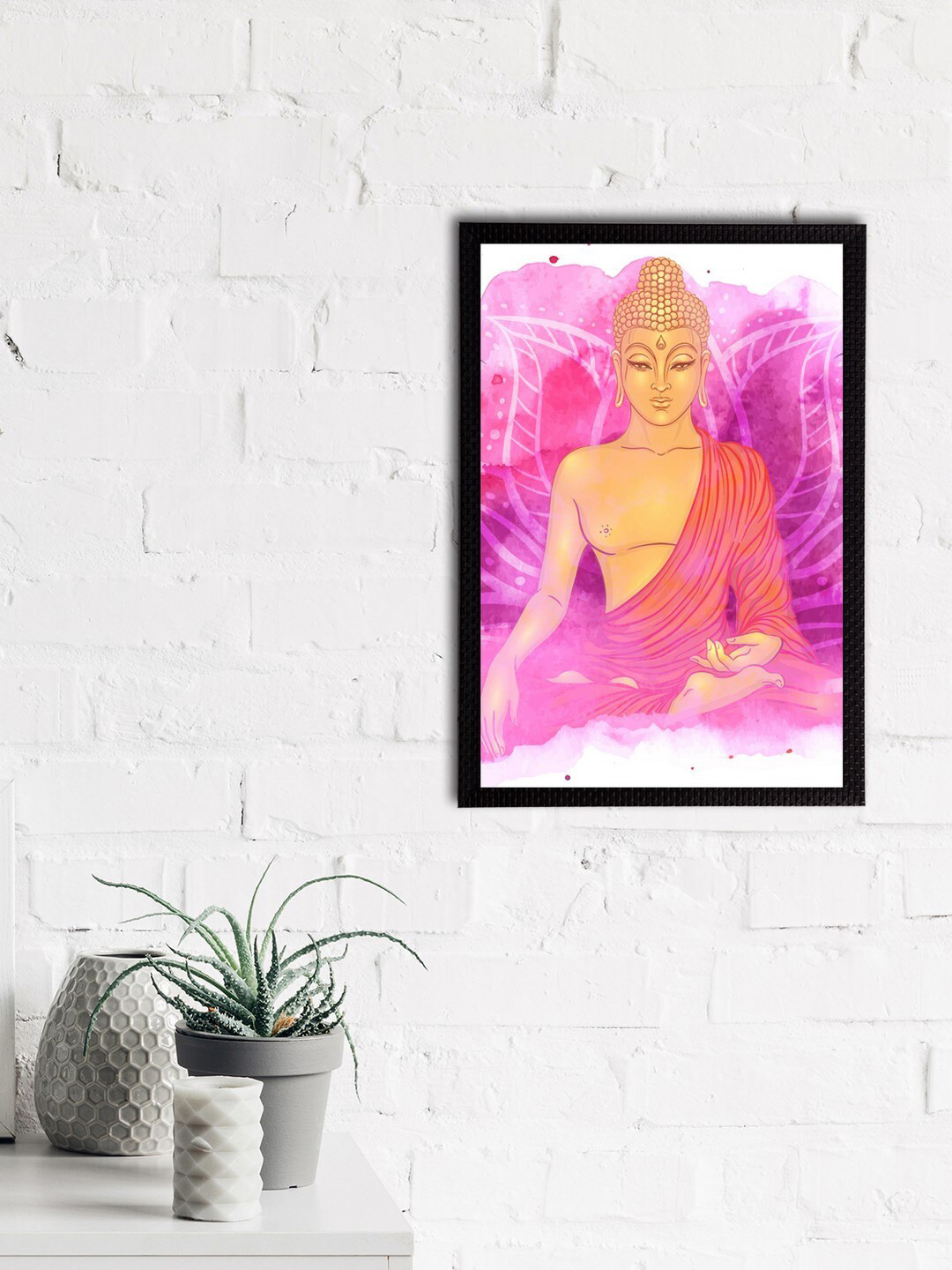 eCraftIndia Pink & Beige Meditating Lord Buddha Printed Satin Matt Textured UV Wall Art