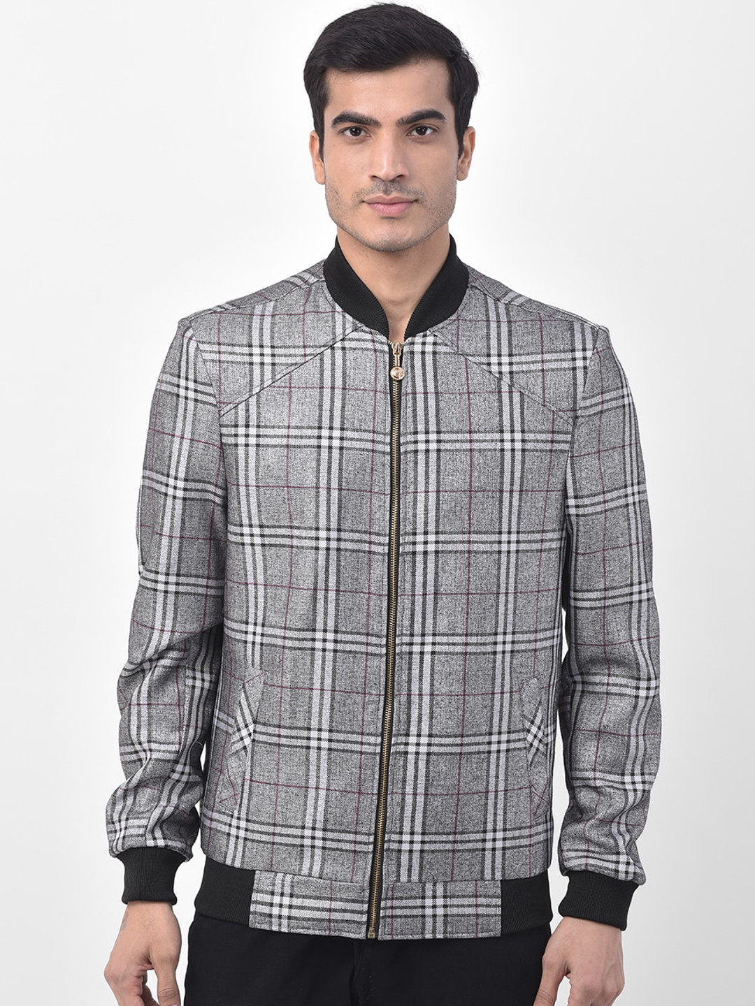 LUXURAZI Men Grey Checked Bomber