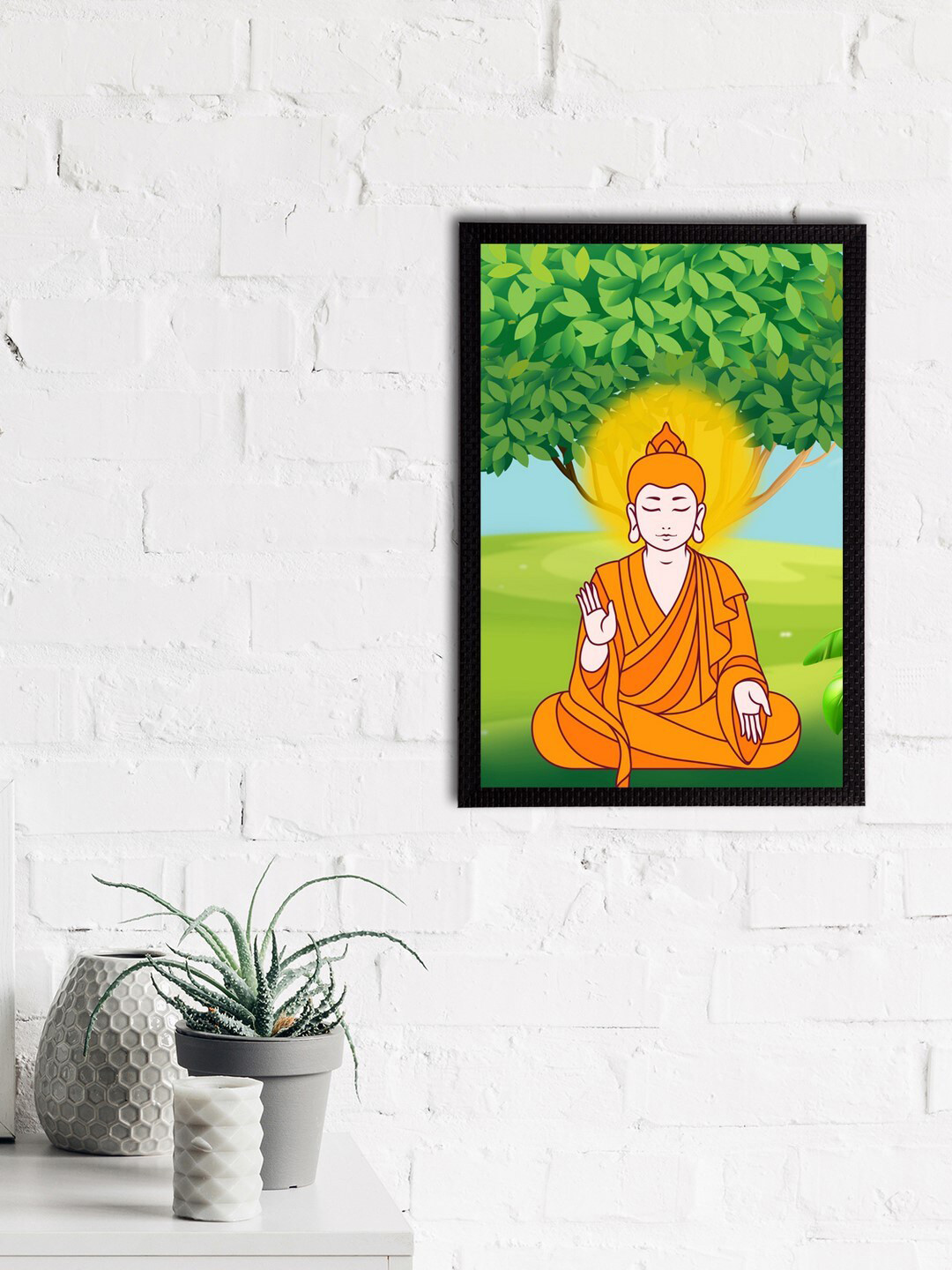 eCraftIndia Green Yellow Meditating Lord Buddha Satin Matt Texture UV Art Painting