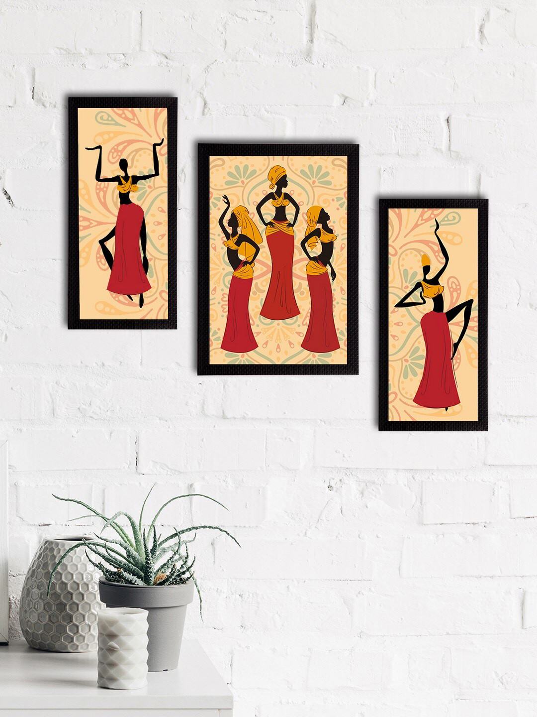 eCraftIndia Set of 3 Yellow & Red Tribal Theme Satin Matt Textured UV Wall Art