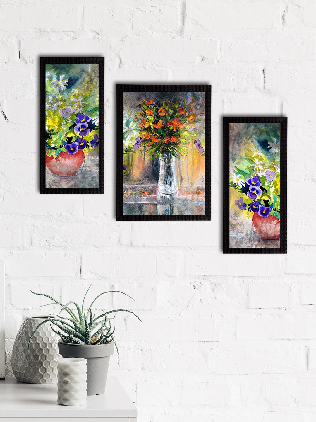 eCraftIndia Set of 3 Green & Blue Botanical and Floral Satin Matt Textured UV Wall Art