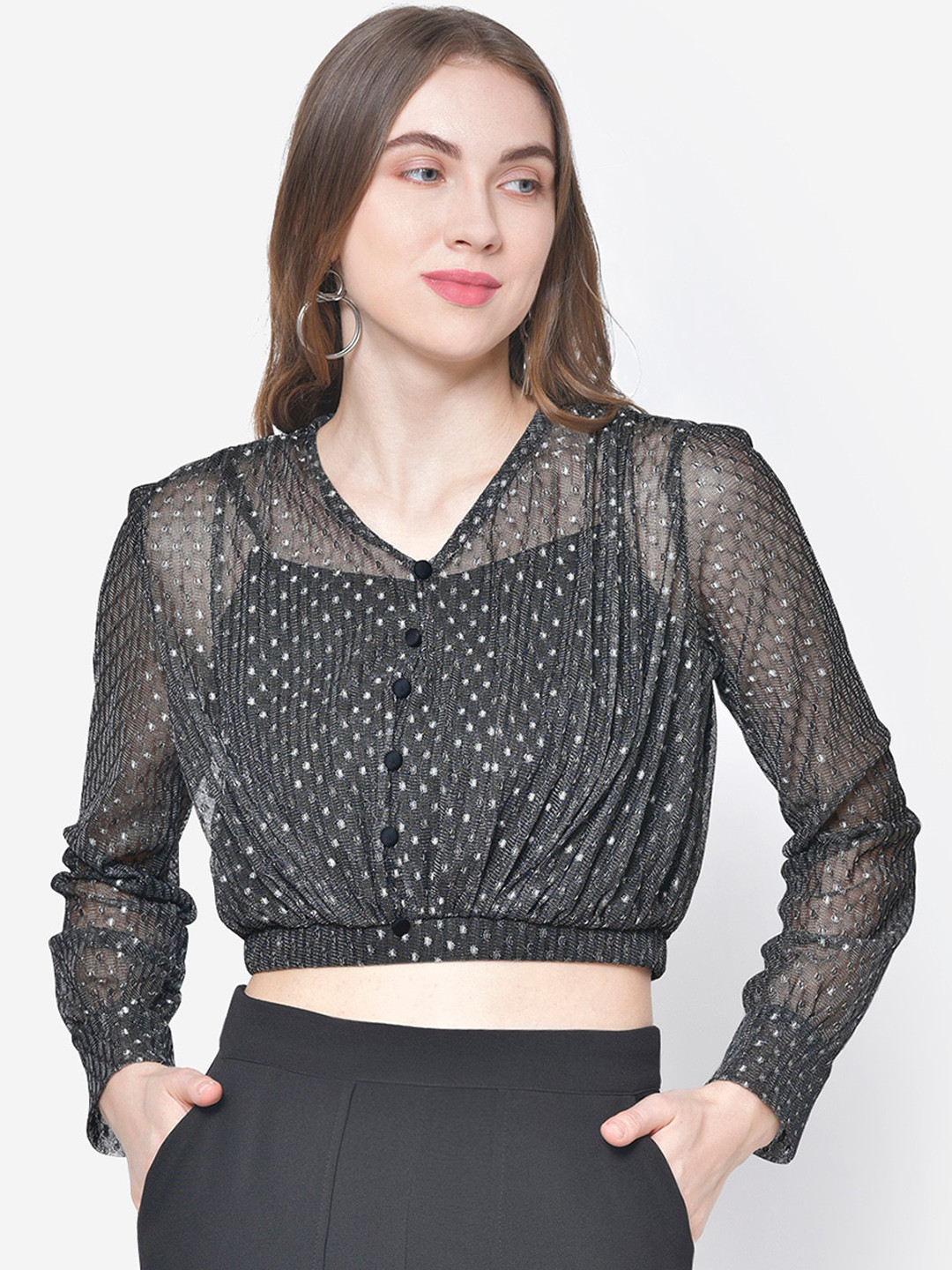 Martini Women Black Self Design Blouson Crop Top