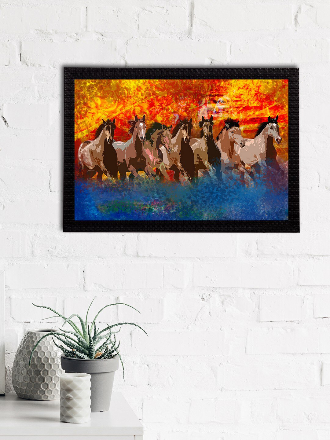 eCraftIndia Brown & Blue 7 Lucky Running Horses Satin Matt Textured UV Wall Painting