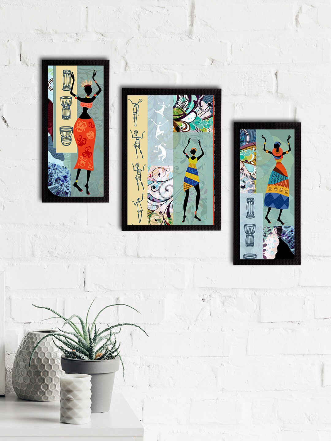 eCraftIndia Set of 3 Green & Orange Tribal Theme Satin Matt Textured UV Wall Paintings