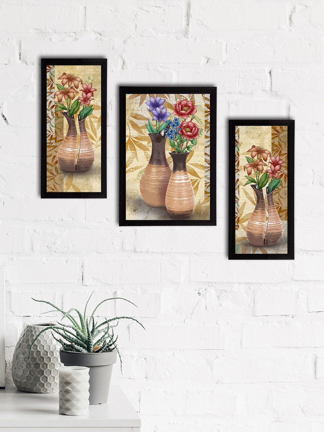 eCraftIndia Beige & Red Floral Satin Matt Textured UV Wall Painting