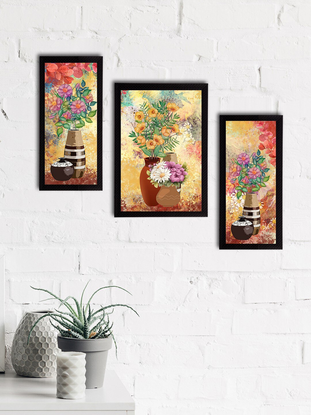 eCraftIndia Set of 3 Cream-Coloured & Yellow Botanical and Floral Satin Matt Textured UV Art Paintings