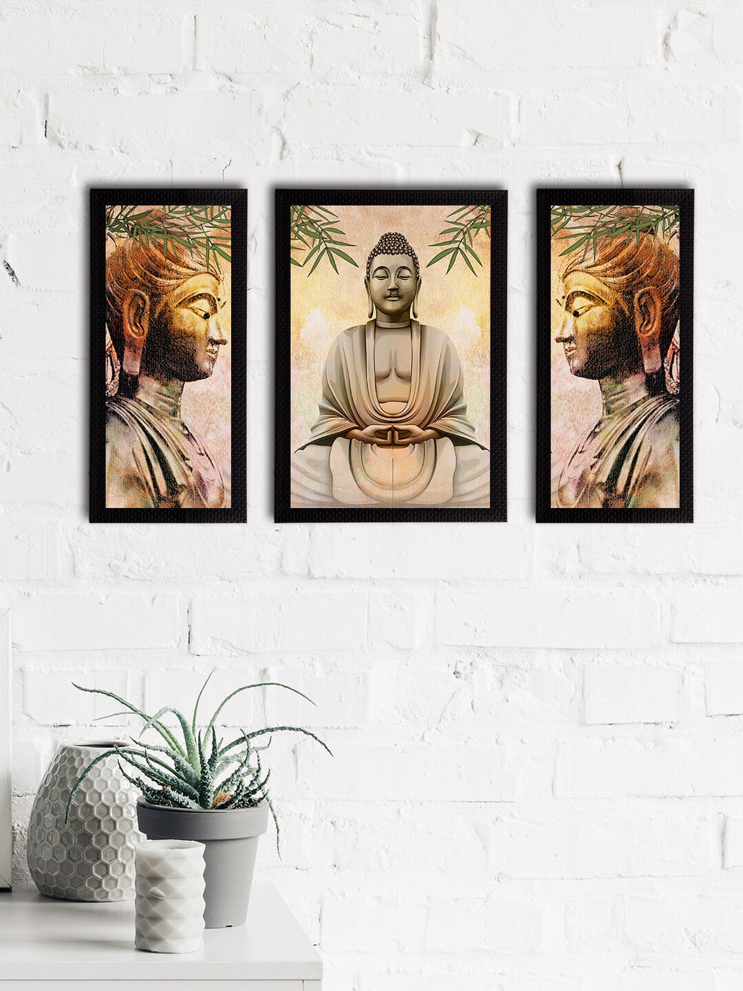 eCraftIndia Lord Buddha Synthetic Wood 3 Pcs Wall Rectangle Paintings Wall Art