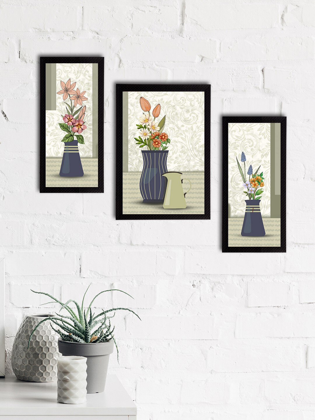 eCraftIndia Wood 3 Piece Rectangle Paintings Wall Art-14 x 30 x 0.5In