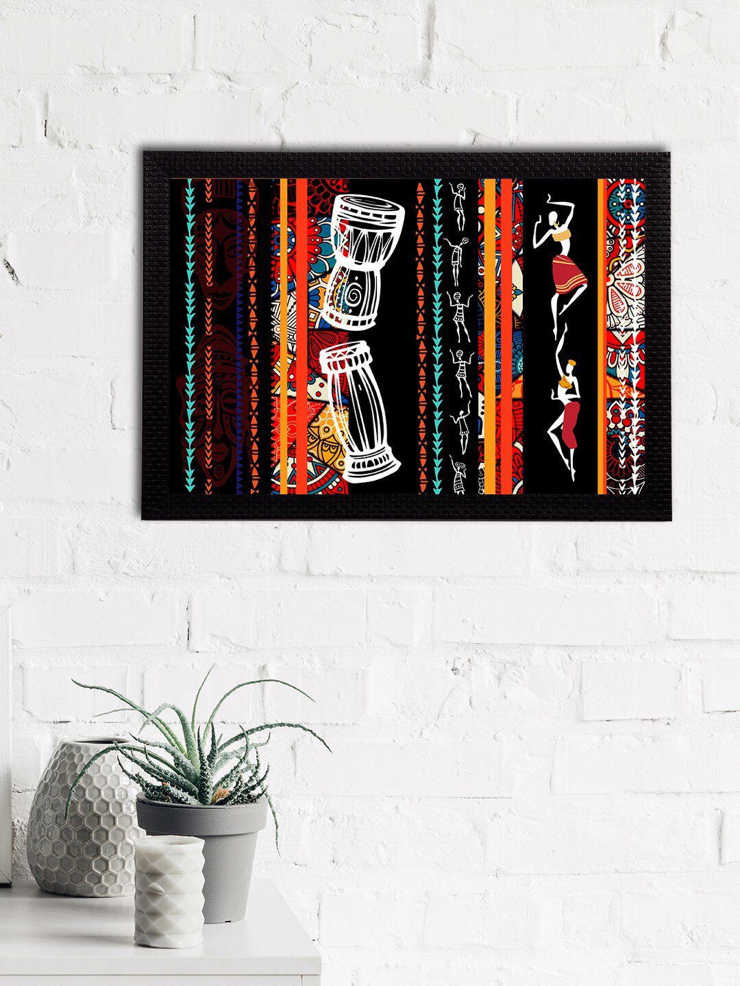 eCraftIndia Black & Red Tribal Theme Satin Matt Texture Framed UV Wall Art