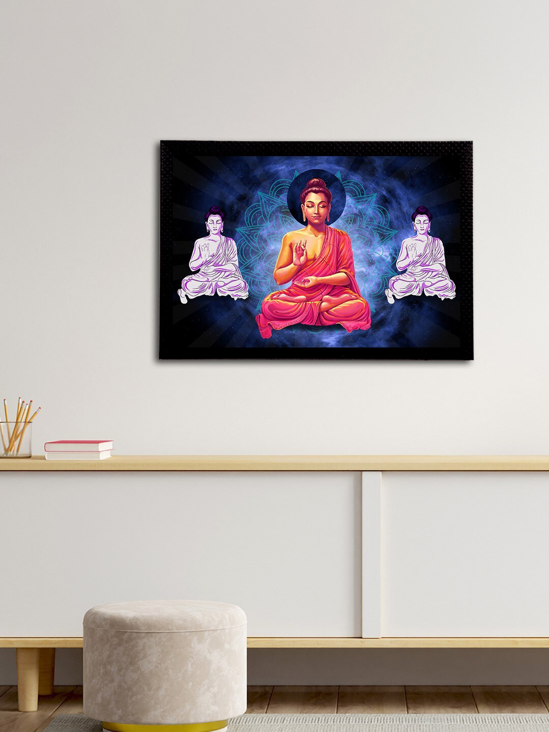 eCraftIndia White & Blue Meditating Lord Buddha Satin Matt Texture UV Art Painting