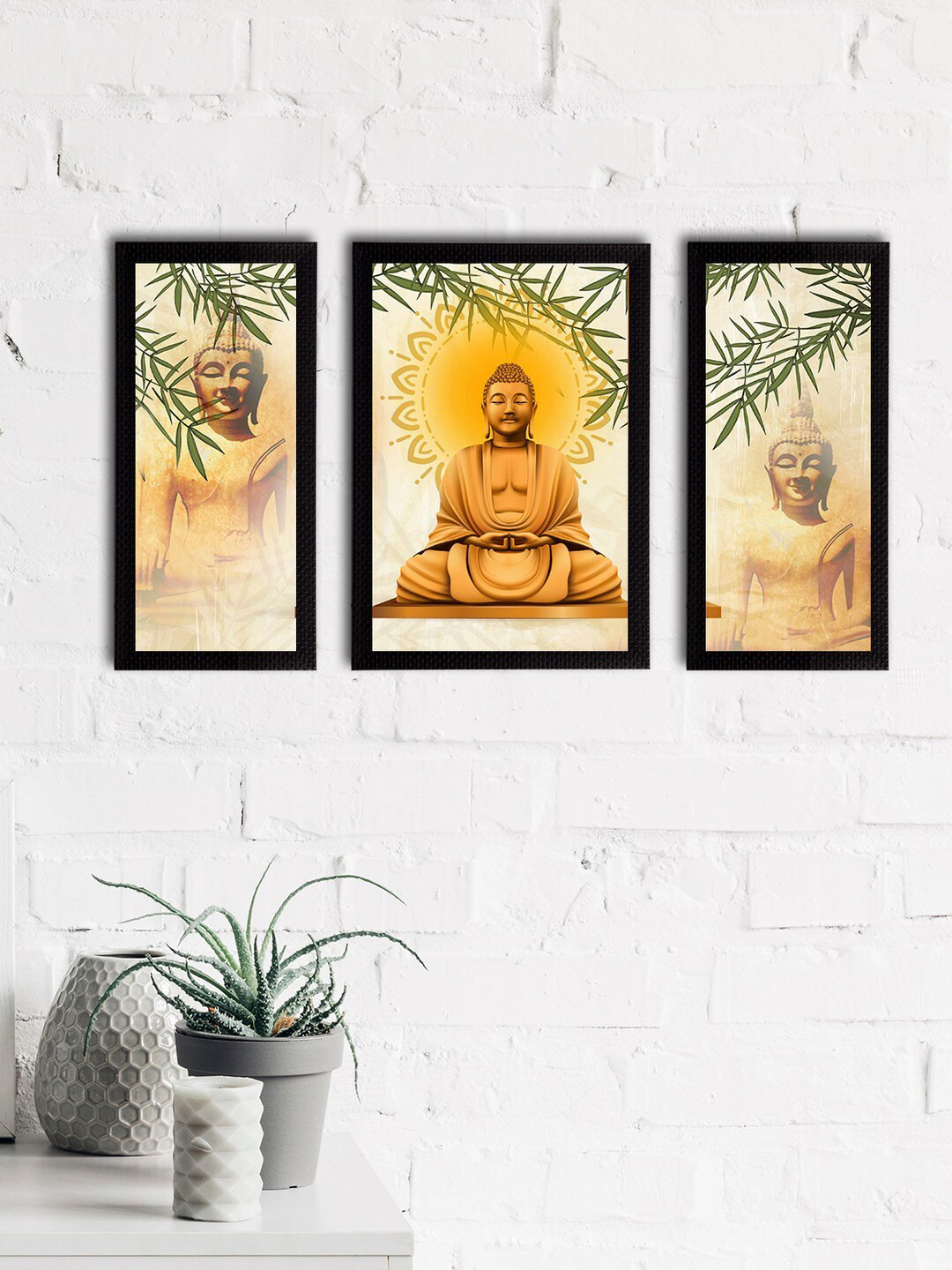 eCraftIndia Set of 3 Yellow & Beige Meditating Lord Buddha Satin Matt Textured UV Wall Paintings
