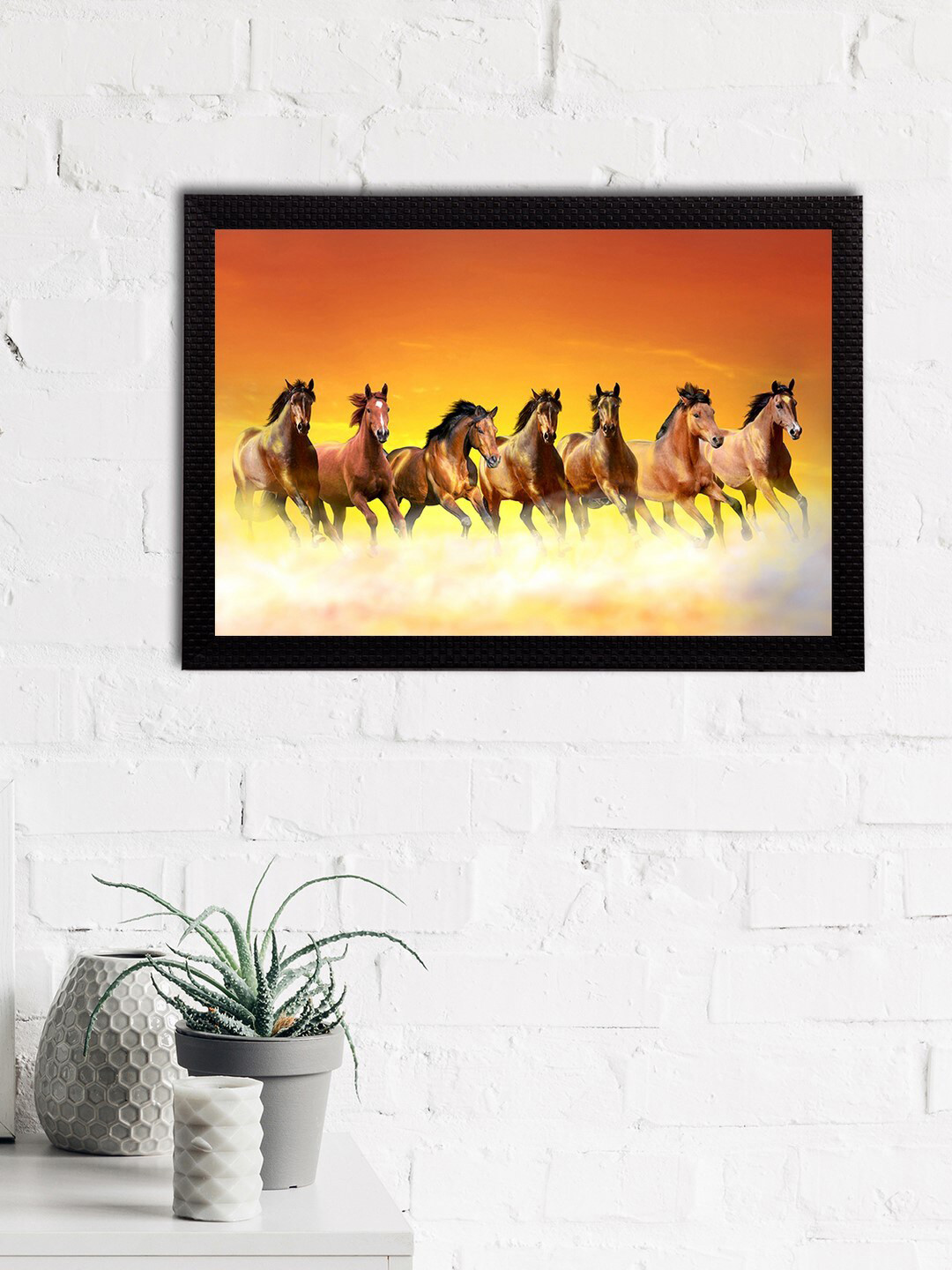 eCraftIndia Orange & Brown 7 Luck Running Horse Printed Satin Matt Textured UV Wall Art