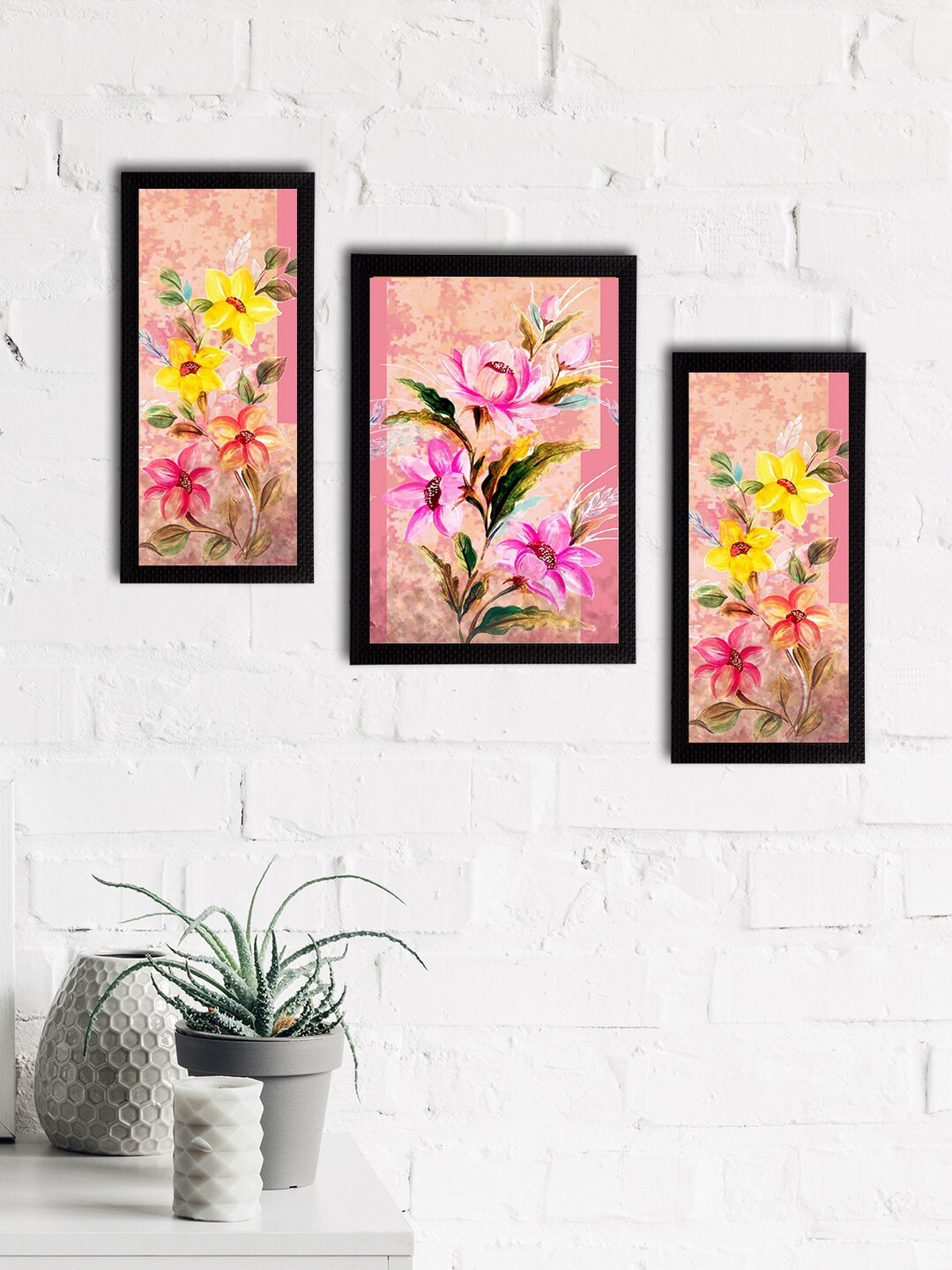 eCraftIndia Set of 3 Pink & Yellow Botanical & Floral Satin Matt Textured UV Wall Paintings