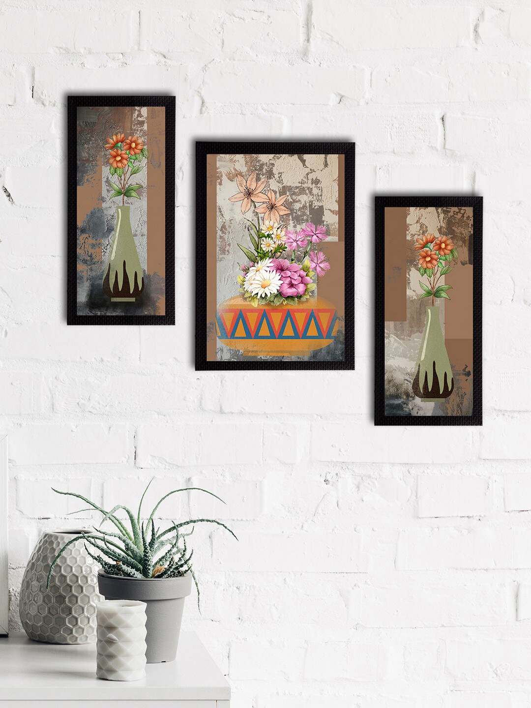 eCraftIndia Brown 3 Pcs Wall Home Office Rectangle Potrait Paintings Wall Art -13 x 30In