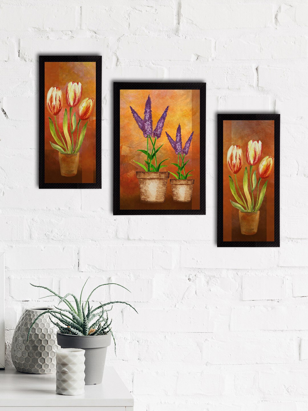 eCraftIndia Brown 3 Pcs Wall Home Office Rectangle Potrait Paintings Wall Art -13 x 30In