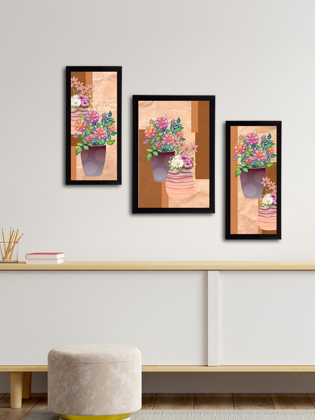 eCraftIndia Botanical and Floral MDF 3 Piece Wall Rectangle Paintings Wall Art - 14 x34 in