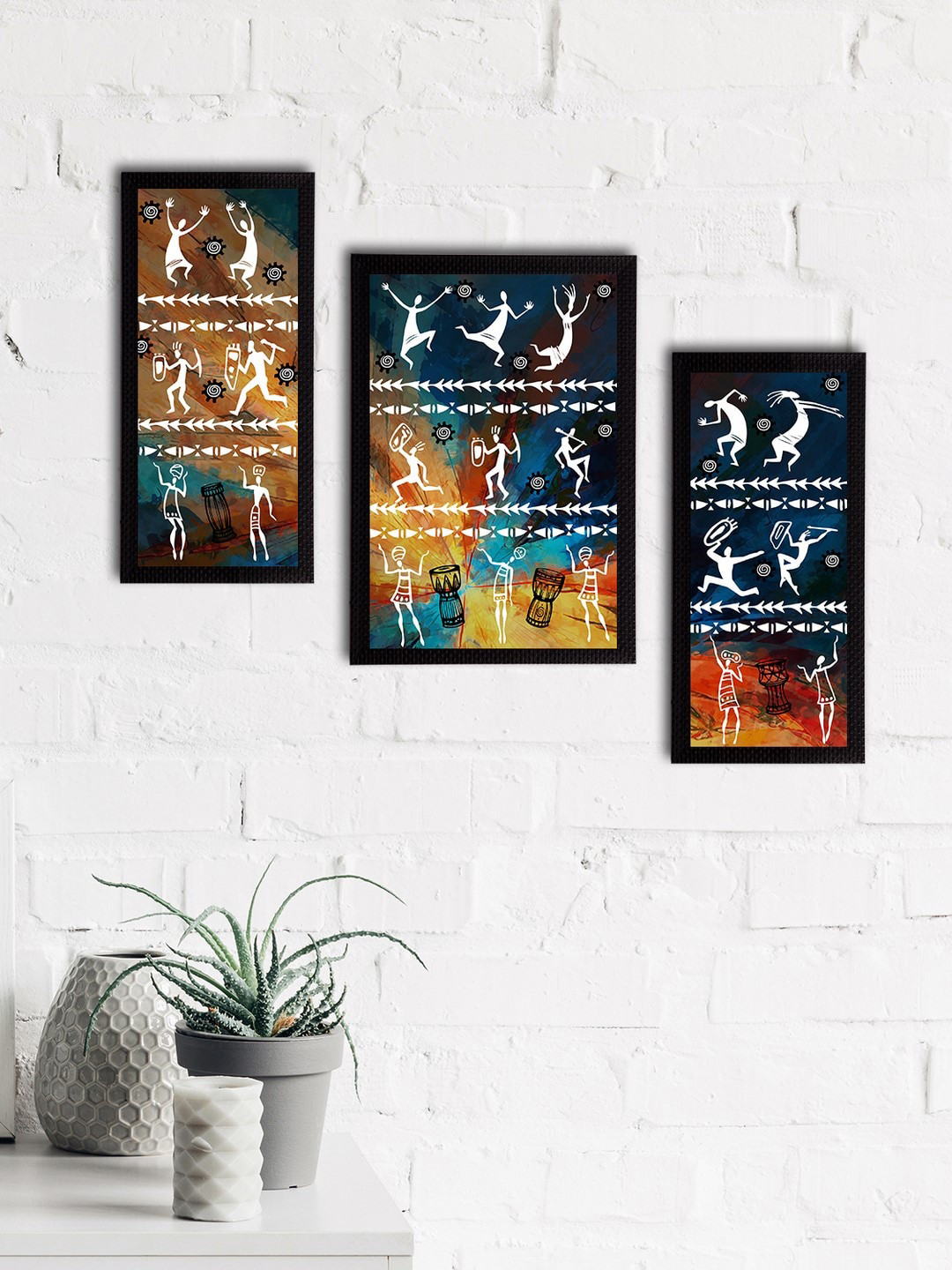 eCraftIndia Set of 3 Blue & Brown Tribal Theme Satin Matt Texture Framed UV Art Paintings